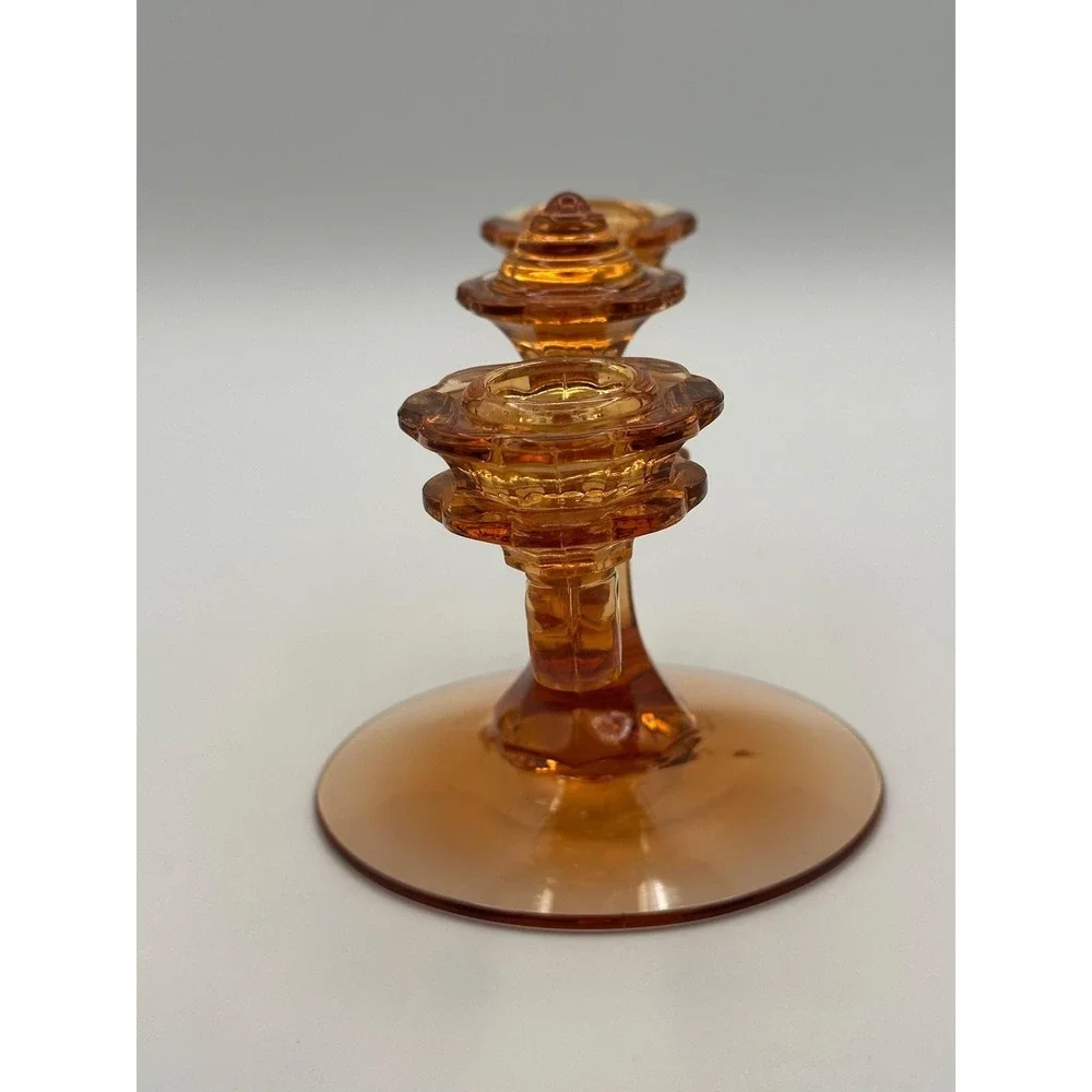 Vintage Amber Glass Double Candelabra MCM Pressed Two Arm Candle Holder